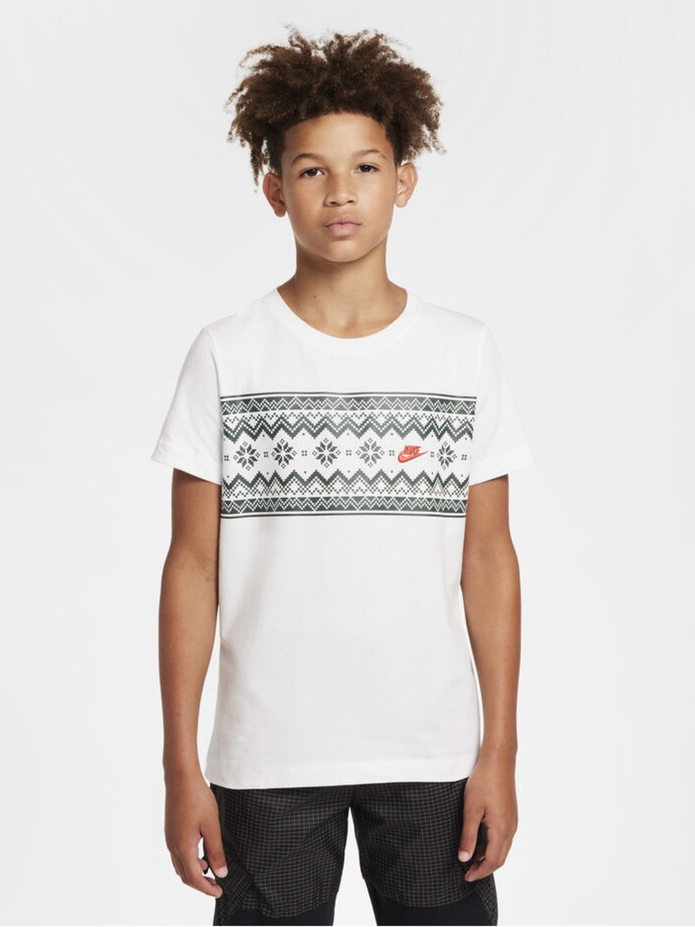 Nike Kids White Tee with Green Fair Isle Chest Stripe and Red Swoosh